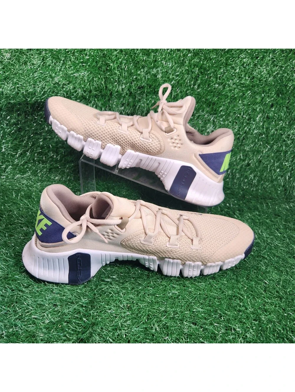 Nike Men's Athletic Sneakers Beige with Navy and Neon Green Accents